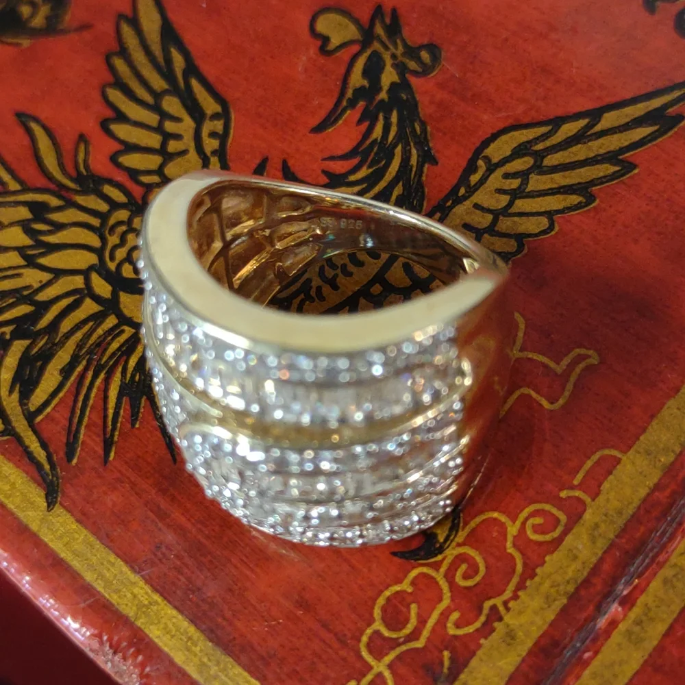 Stunning Multi row thick buckle Wide Silver 925 Band Ring Sparkling Clear Stones